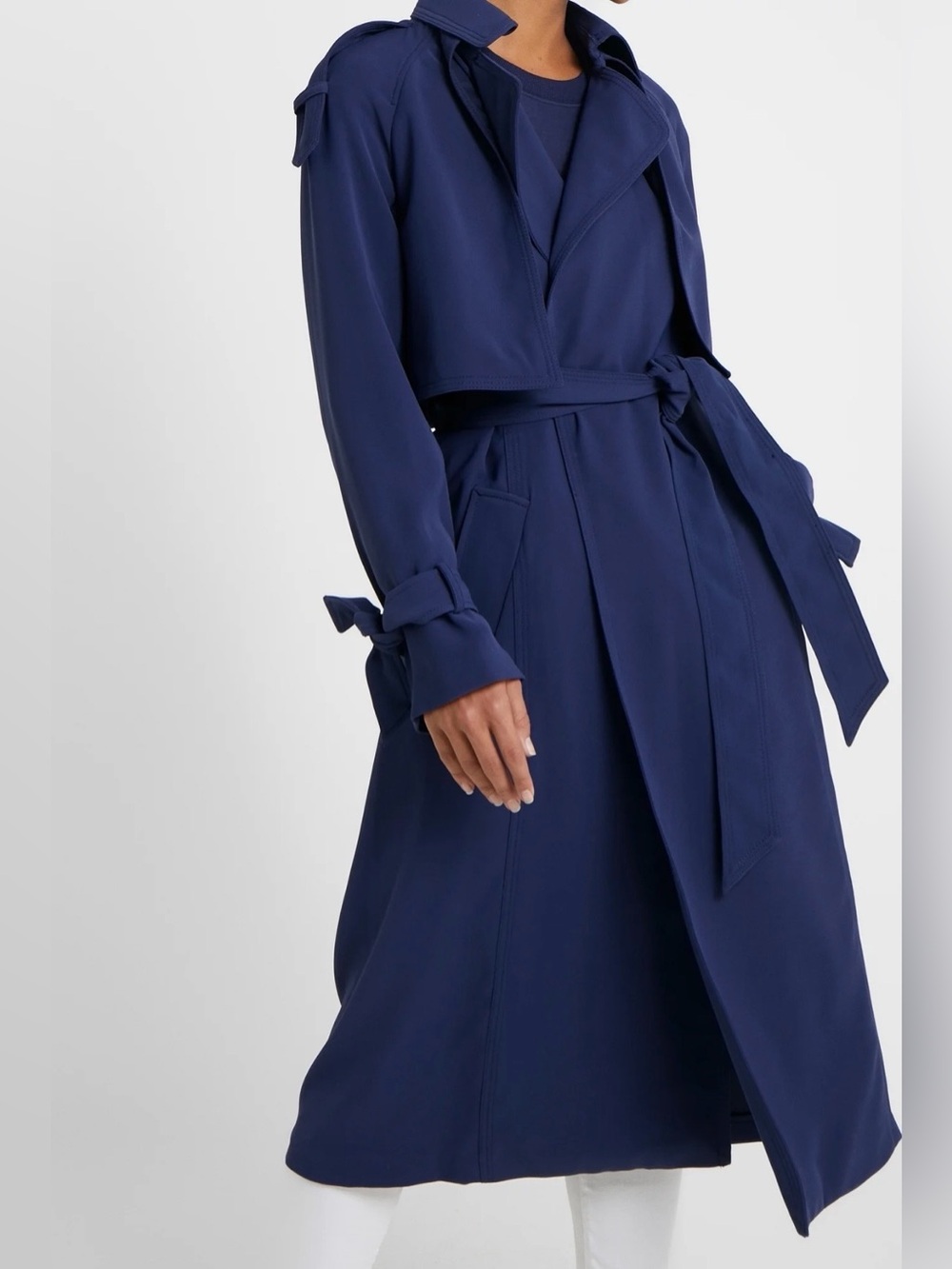 Michael Kors Belted Draped Cape Trench Coat Women’s Medium Navy Blue Long Office